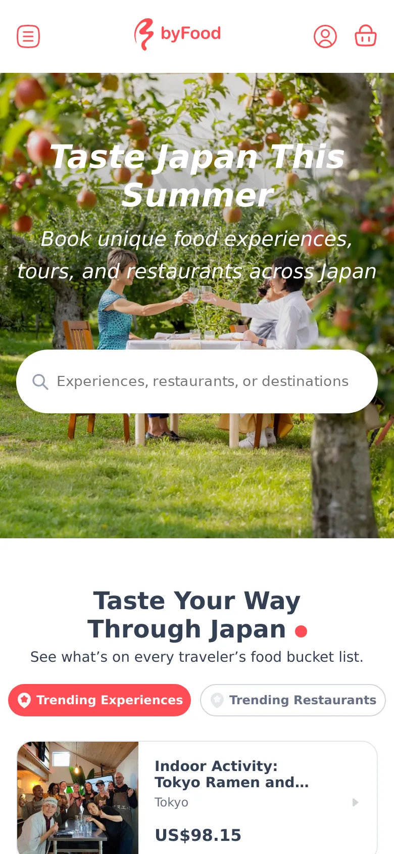 byFood Food Experience Booking Platform website on mobile