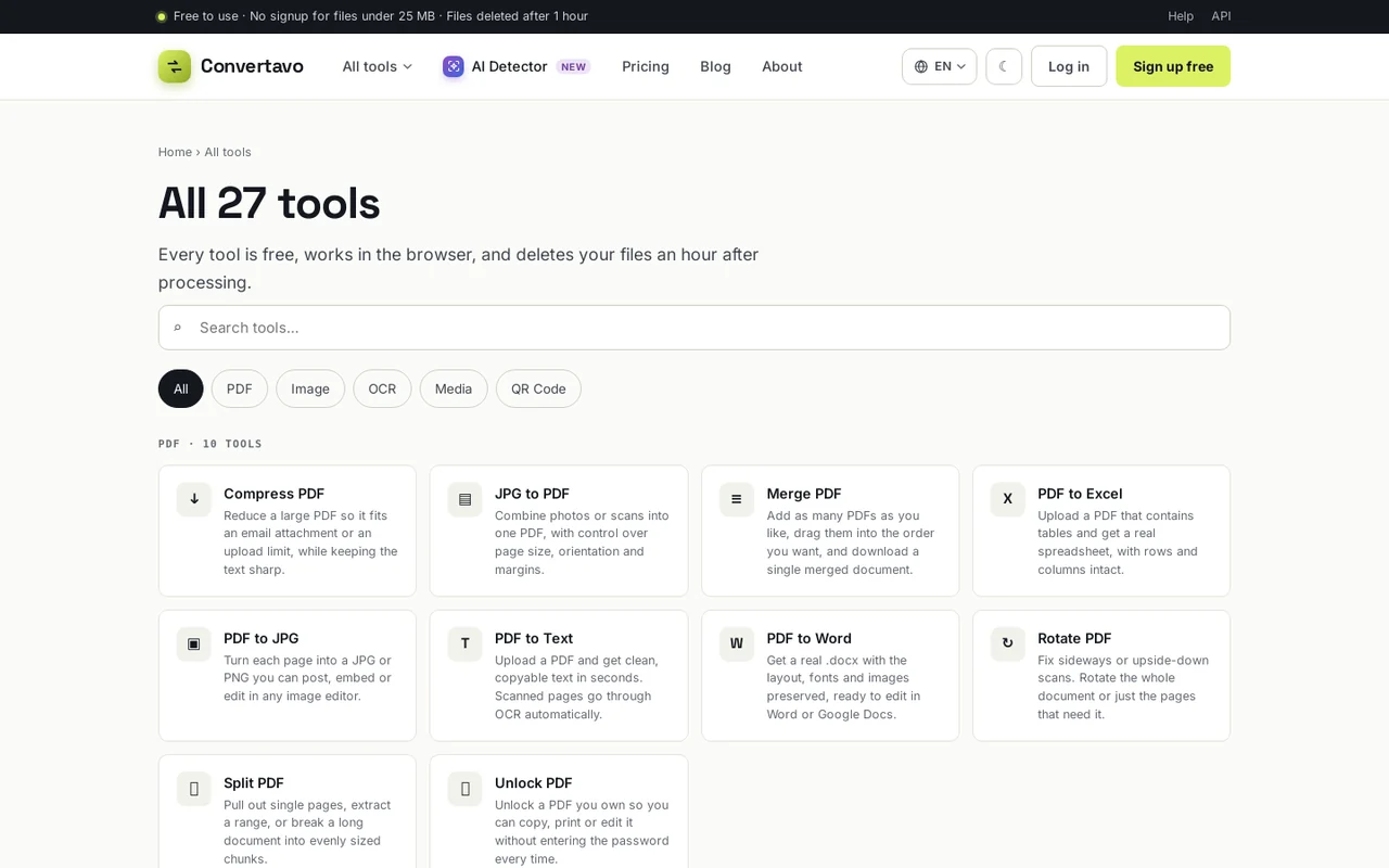 All 27 tools, grouped by PDF, image, OCR, media and QR code