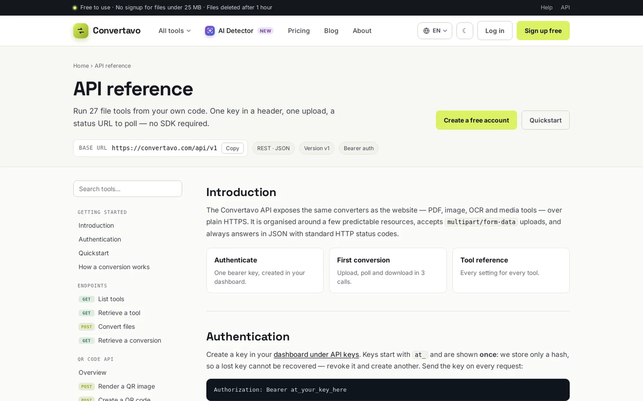 The REST API reference, with the same 27 tools available from code