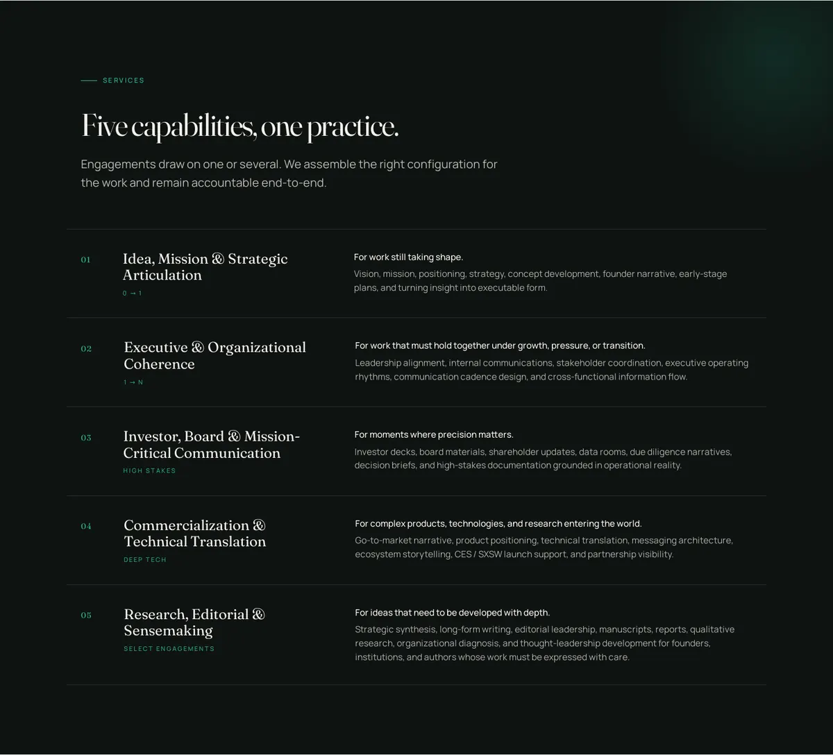 Five capabilities, one practice — the services section