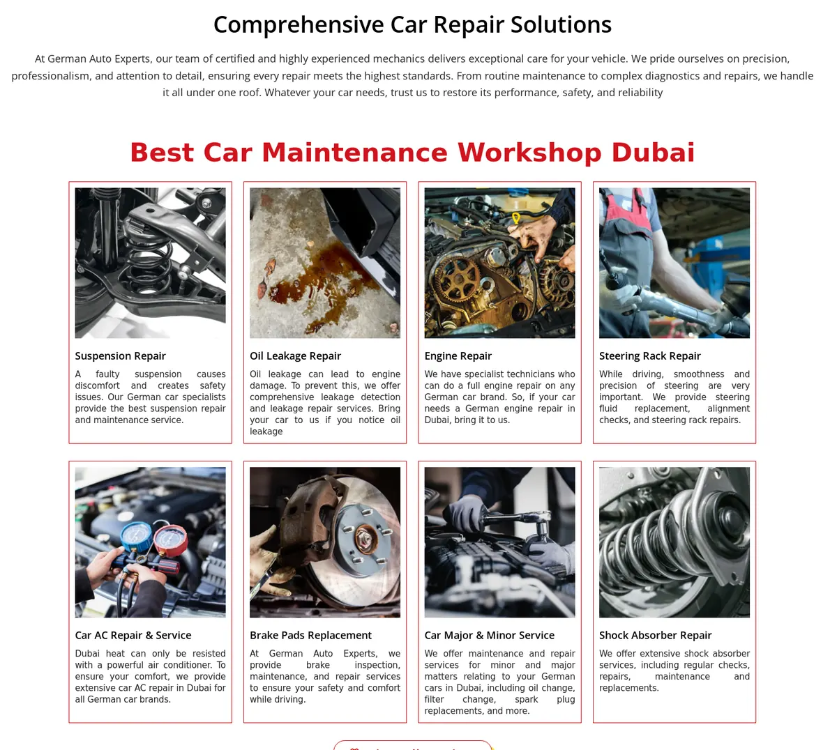Repair services overview on the homepage