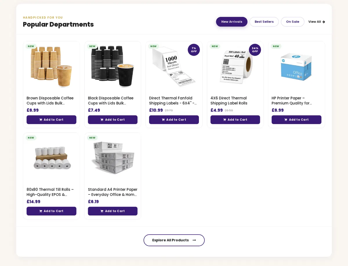 Popular departments with quick add-to-cart