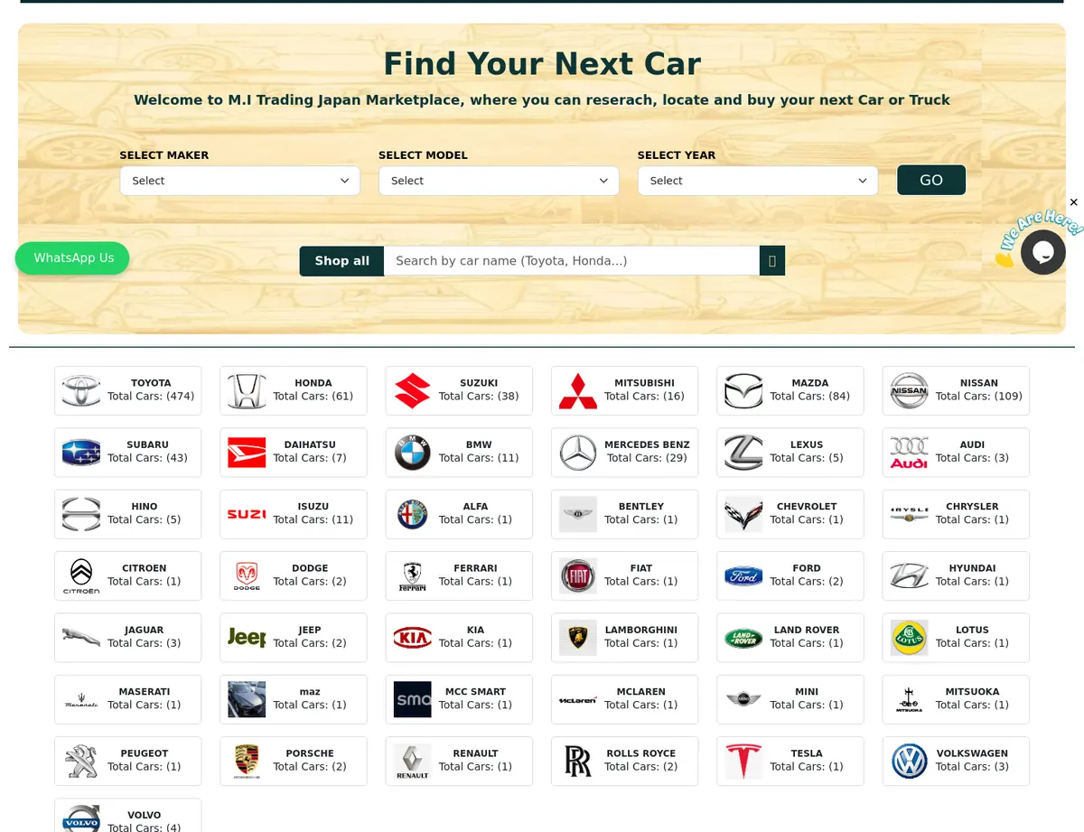 Maker, model and year search with live stock counts