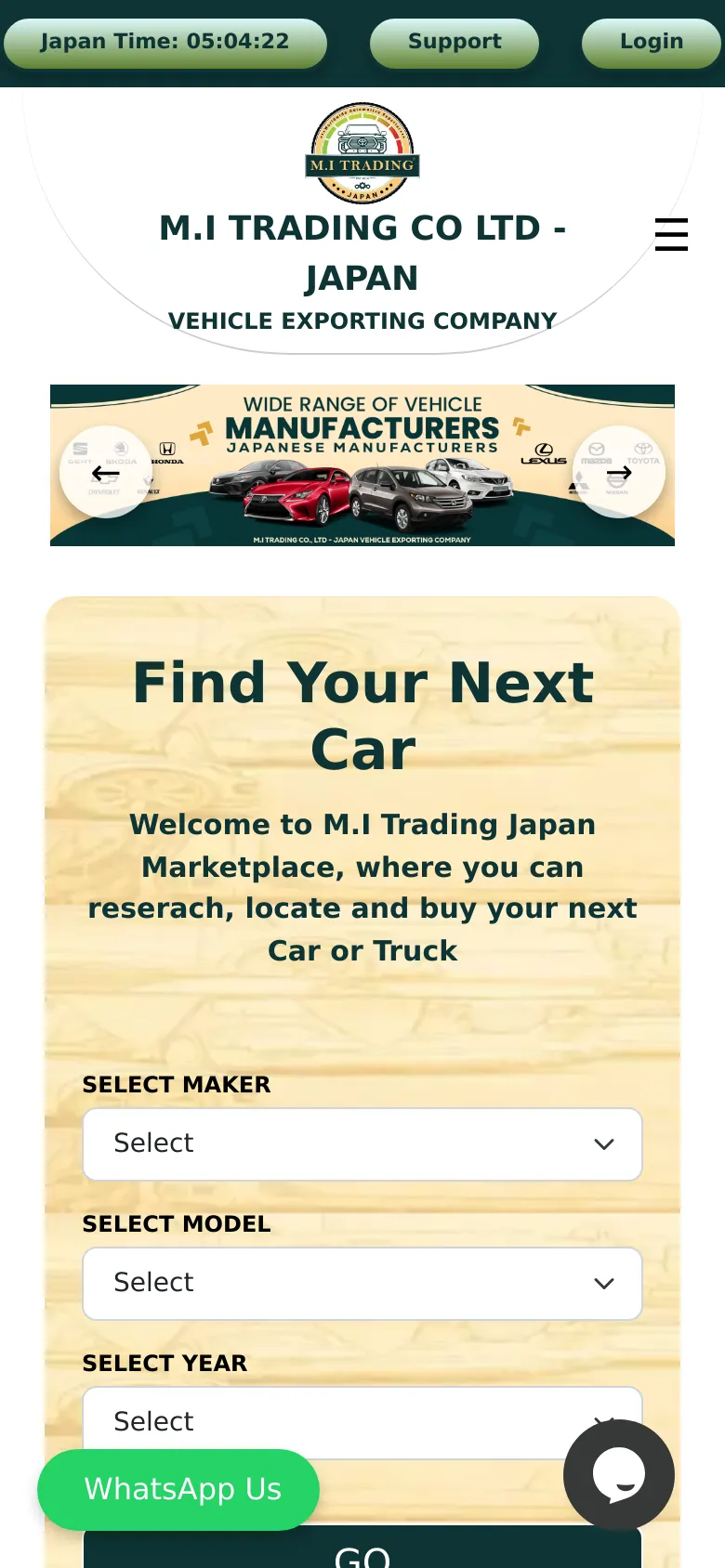MI Trading Japan Vehicle Export Platform website on mobile