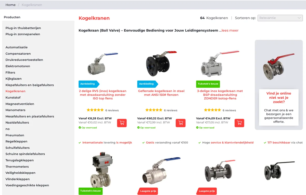 Ball valve category with filters and product cards