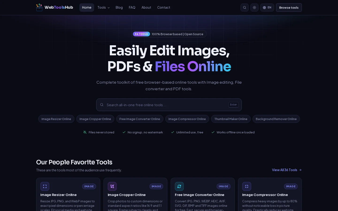 WebToolsHub Free Online Tools Platform website on desktop