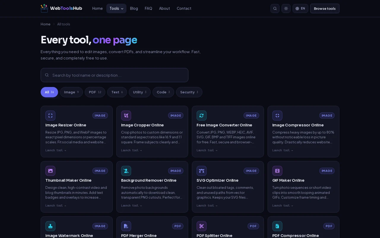 The full catalogue of 36 tools, filterable by Image, PDF, Text, Utility, Code and Security