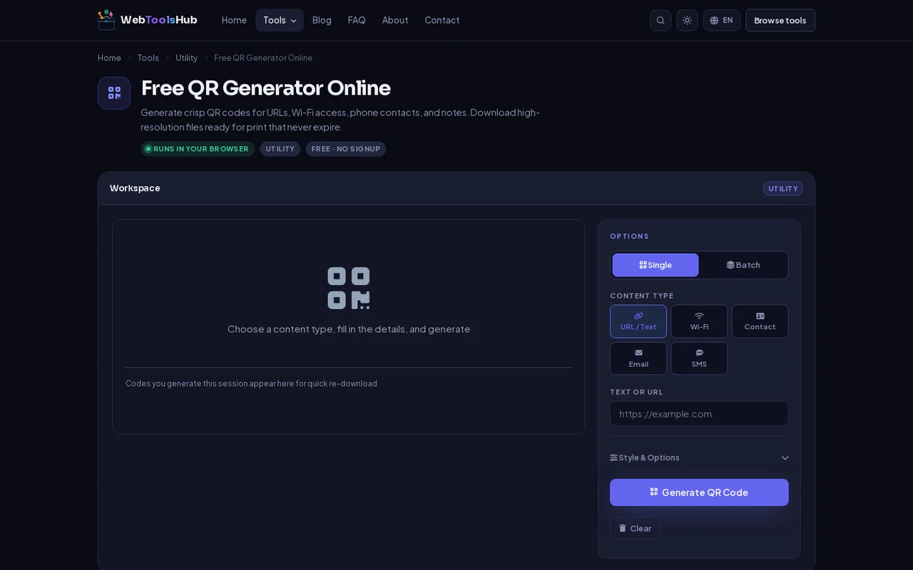 The QR Code Generator, with URL, Wi-Fi, contact, email, SMS and batch modes