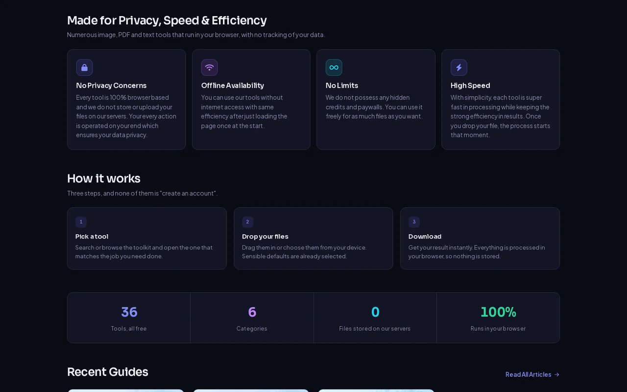 Privacy-first by design: no uploads, no limits, no account