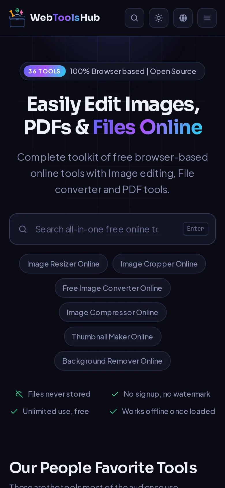 WebToolsHub Free Online Tools Platform website on mobile